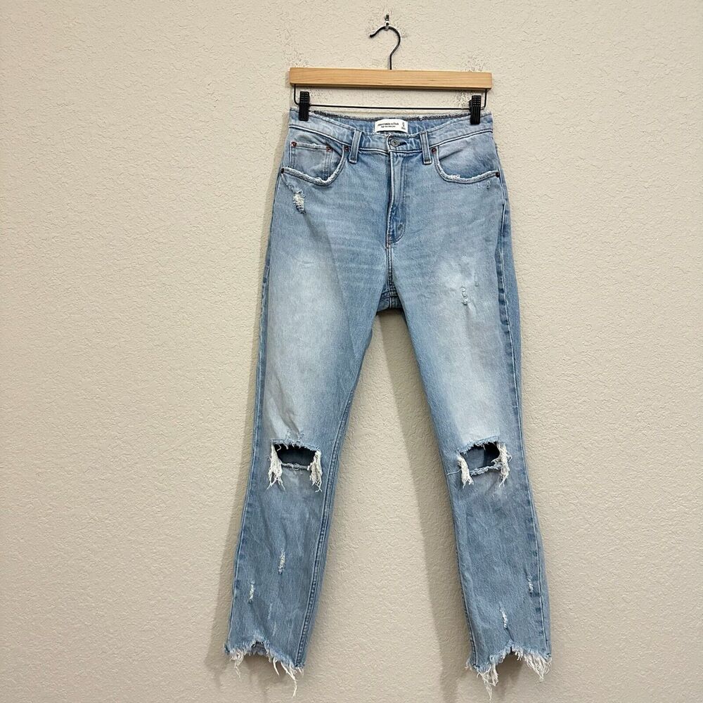 ABERCROMBIE & FITCH High Rise Mom Jeans Distressed Chewed Hem